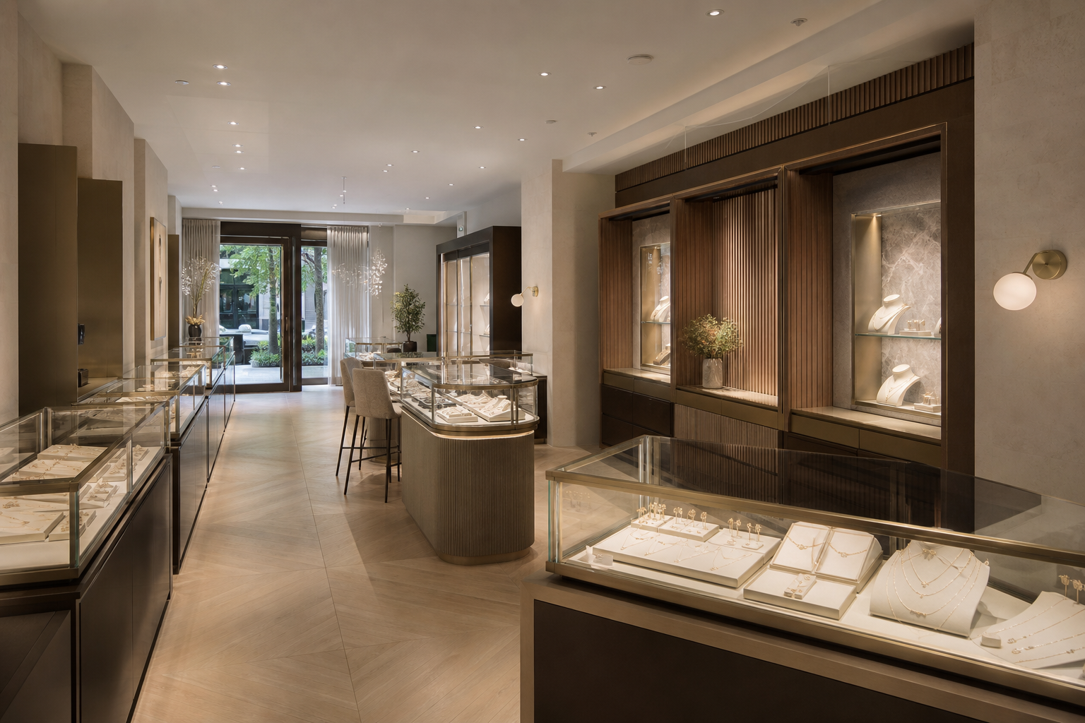 Retail Store Interior with Elegant Jewelry Display and Customer Interaction